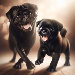 Black Pug Puppy Playing with Adult Pug - Dreamy Scene