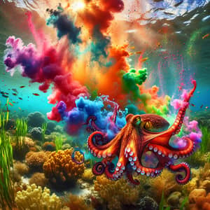 Vibrant Octopus Jetting Colorful Ink in Tropical Underwater Scene