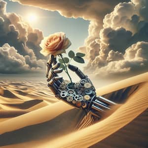 Mechanical Hand Holding Rose in Desert - Surreal Nature-Tech Narrative