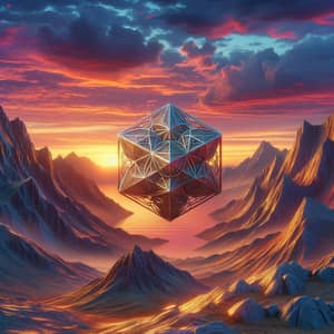 Surreal Mountain Landscape with Sacred Geometry Object at Sunset