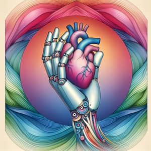 Semi-Mechanical Hand Holding Human Heart | Colorful Waves Background