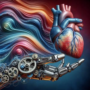 Mechanical Hand Holding Realistic Human Heart | Colorful Waves Background