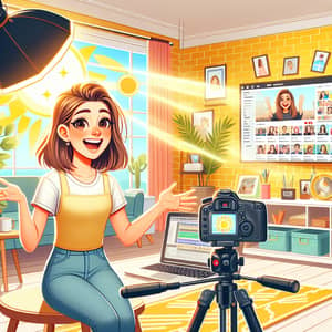 Creative Vlogging Scene: Young Female Vlogger in Vibrant Room