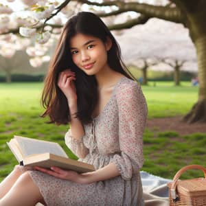 Young South Asian Female Reading Book Under Blossoming Cherry Tree