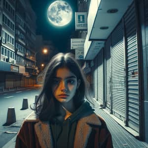 Hispanic Young Girl at Midnight - Enigmatic Street Scene