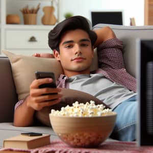 Relaxed South Asian Student with TV and Popcorns