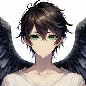 Anime Guy with Striking Green Eyes & Dark Angel Wings