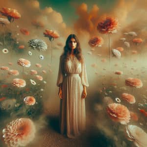 Surreal Portrait of Woman in Floating Flowers Field