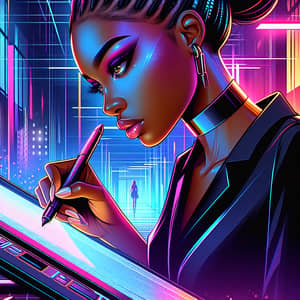 Stunning Black Woman Illustration in Cyberpunk Office
