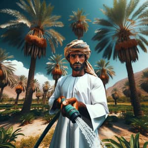 Traditional Omani Man Watering Lush Palm Trees