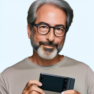 Indian Man with Black and White Hair Using Samsung Fold Phone