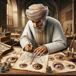 Historical Omani Doctor Illustrating Eye Anatomy and Brain Connection