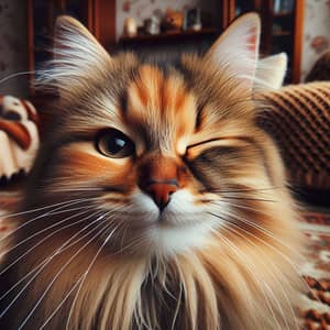 Playful Cat Winking: Fluffy Fur and Long Whiskers