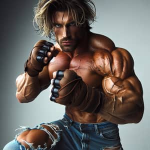 Muscular Man in Combat Pose with Fingerless Gloves and Wild Hair