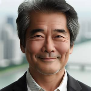 Middle-Aged Asian Man with Gentle Demeanor | Serene Cityscape Background