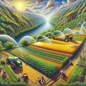 Bountiful Harvest: Sunlit Field with Sprinkler Machines and Armenian Farmers