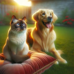 Siamese Cat and Golden Retriever - Peaceful Backyard Scene