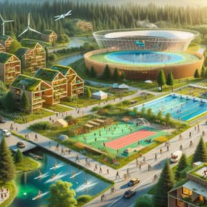 Sustainable Olympic Village in Forest Setting | Wooden Stadium, Natural Pool, Green Living