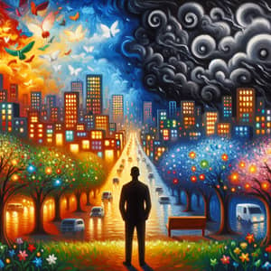 Luminous Dreamscape: Oil Painting of Alone African Descendant in Vibrant City