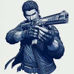 Ultra-Detailed 2D Game Art of Manga-Inspired Man Holding Gun