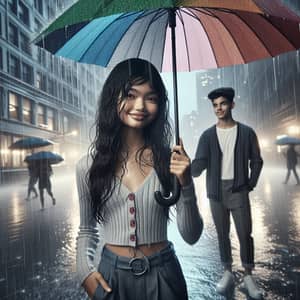 Rainy Day Cityscape: Multicultural Umbrella Scene