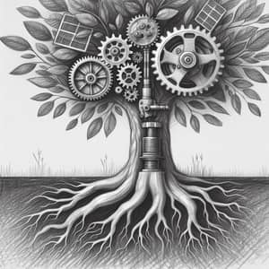 Biomechanical Tree: Connecting Nature with Machinery | Pencil Drawing Style