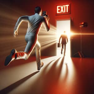 Caucasian Male Sprinting Towards Glowing 'Exit' Sign