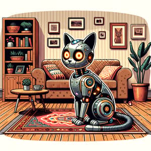 Robot Cat Living Room Scene: Futuristic Contrasts