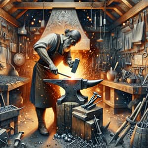 Medieval Blacksmith at Work: Crafting Metal with Tools