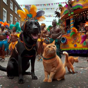 Colorful Carnival Scene with Labrador Retriever and Tabby Cat