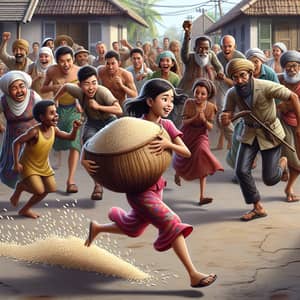Global Community Scene: Young South Asian Girl Running with Basket of Rice