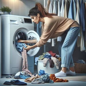Realistic Laundry Room Scene: Middle Eastern Woman Doing Laundry