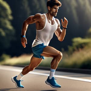 Athletic Hispanic Man Running with Determination | Natural Backdrop
