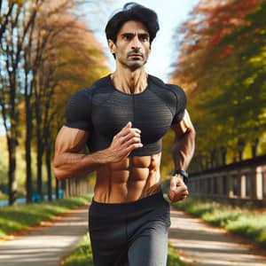High-Energy Middle-Eastern Male Running in Autumn Scenic Jogging Track