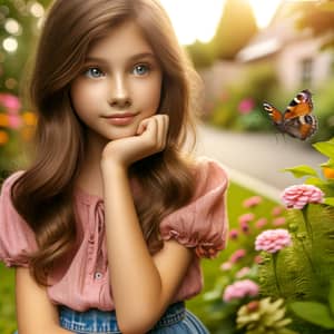 Curious Caucasian Girl with Butterfly in Suburban Garden