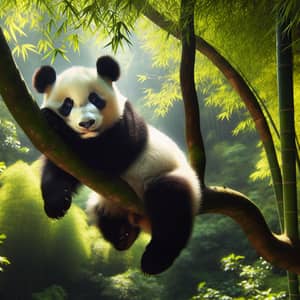 Black and White Panda Sitting on Bamboo Tree in Lush Forest