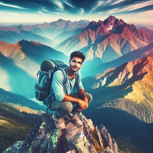 Adventure-Themed Photo: Young Man on Mountain Peak