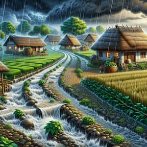 Rural Village Rainstorm Scene | Tranquil Countryside Illustration