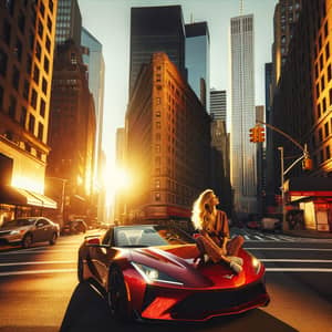 Golden Hour Urban Scene with Woman on Red Sports Car | City Energy