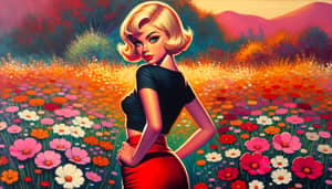 Blond Woman in Flower Field: Majestic Presence and Charm