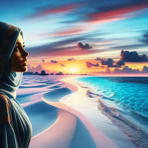 Serene Beach Landscape | Captivating Middle-Eastern Woman Silhouetted at Sunset