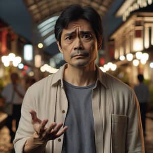 Urban Confusion: Middle-Aged East Asian Man in Casual Attire