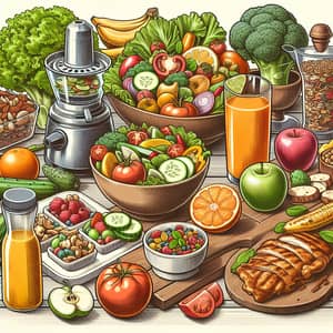 Healthy Foods Illustration: Fresh Salad, Fruits, Chicken & Juicer