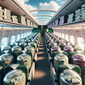 Luxurious Airplane Interior Filled with Assorted Banknotes