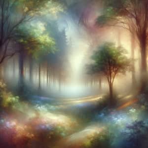 Mystical Forest Painting with Dreamlike Colors and Enchanted Trees