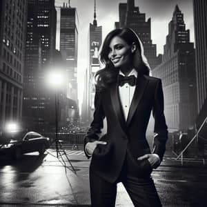 Stylish Woman in Tuxedo with NYC Skyscrapers | Fashion Photography