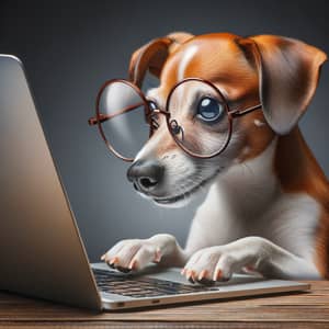 Clever Dog Typing on Laptop with Glasses