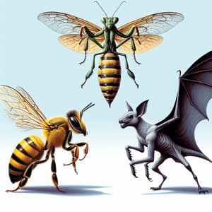 Bee, Mantis, Vampire Bat - Surreal Scene of Unique Creatures