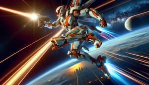 Dynamic Orange and White Gundam in Space Firing Beam Rifle | Futuristic Infographic Style