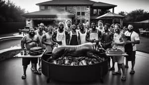 Diverse Men Roasting Whole Pig at Festive BBQ Party